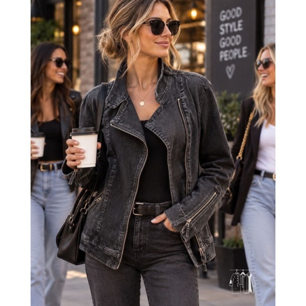 Max Studio Denim Moto Jacket Womens Large Black Excellent Asymmetrical Zip Cuff